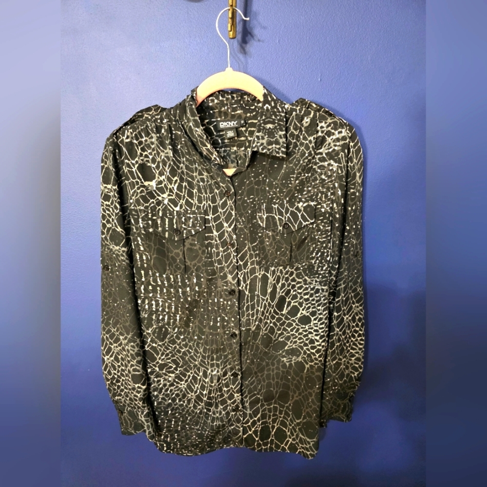 DKNY Women's Top Sz XS Printed Button-Front Long-Sleeve Shirt